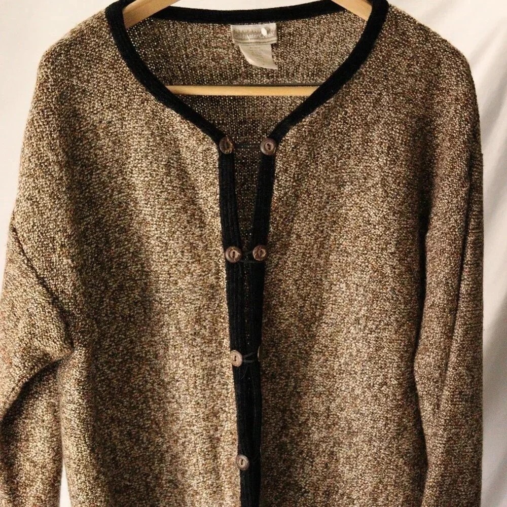 Coldwater Creek Cardigan Womens Medium Brown Marled Knit Velvet Trim Excellent